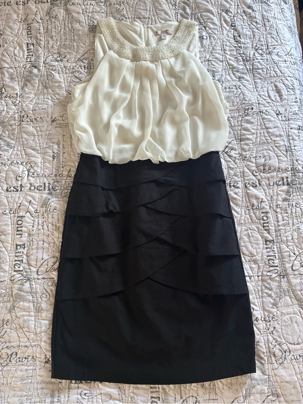 Signature Ivory Beaded-Neck Bodice with Black Tiered Skirt Dress
